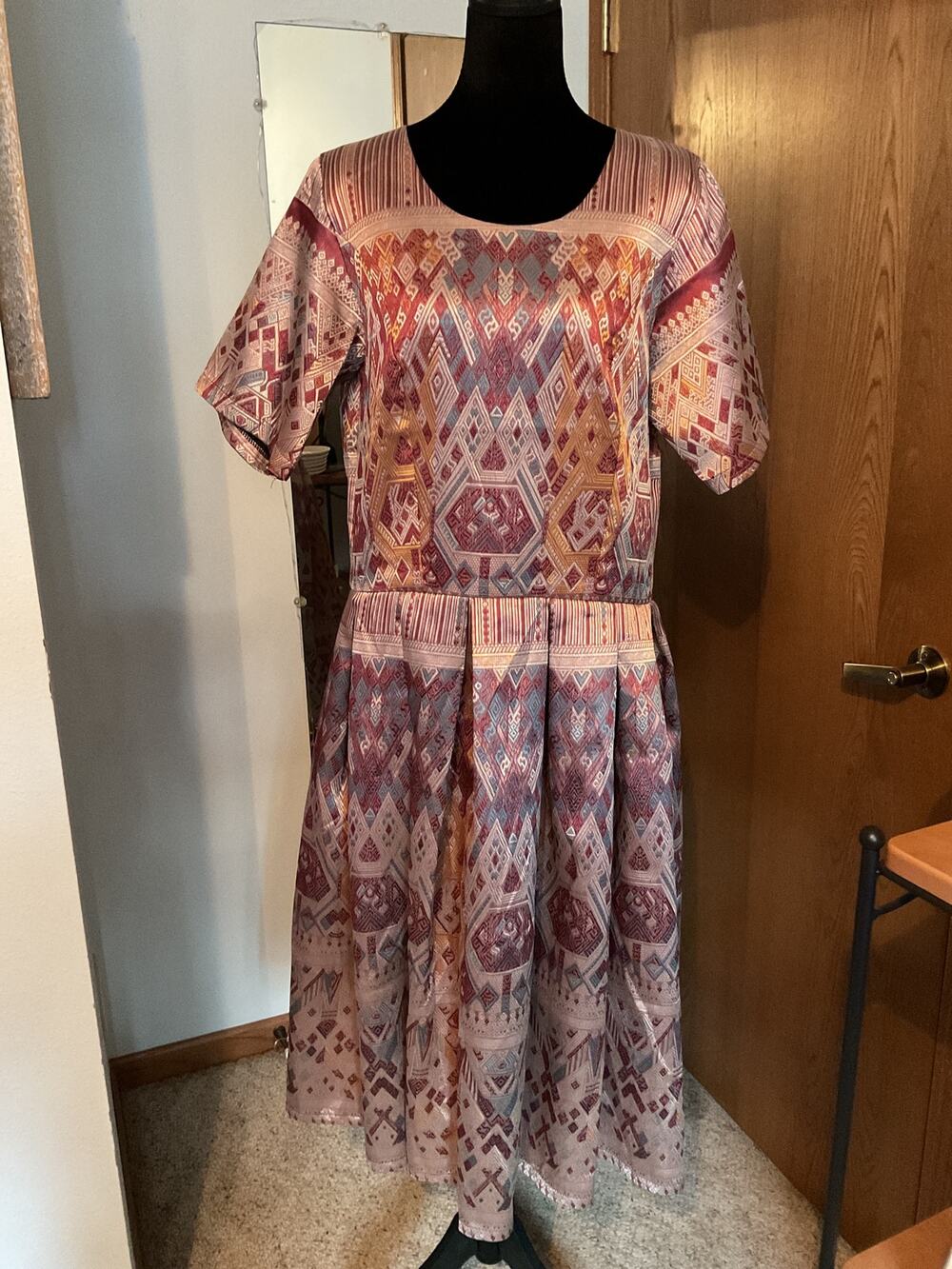 Traditional Thai Brocade Pleated A-Line Dress Gold Blue Geometric Size 42 L XL